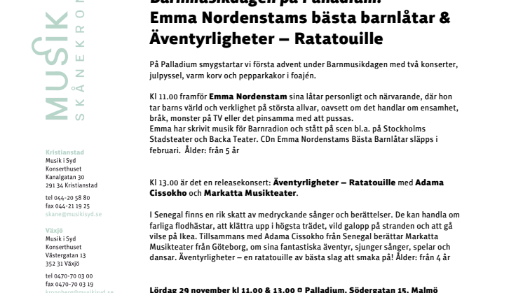 Barnmusikdagen på Palladium 29 nov: Emma Nordenstams bästa barnlåtar & Äventyrligheter – Ratatouille  
