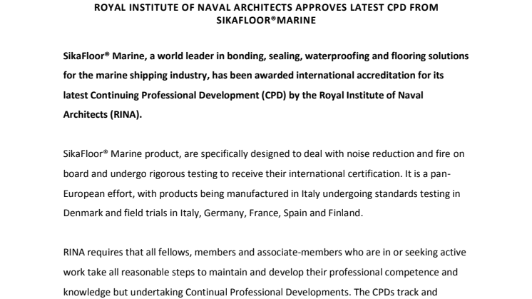 Sika UK - Royal Institute of Naval Architects Approves SikaFloor®Marine CPD