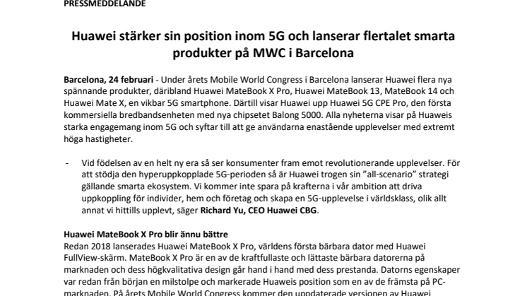 Huawei stärker sin position inom 5G och lanserar flertalet smarta produkter på MWC i Barcelona