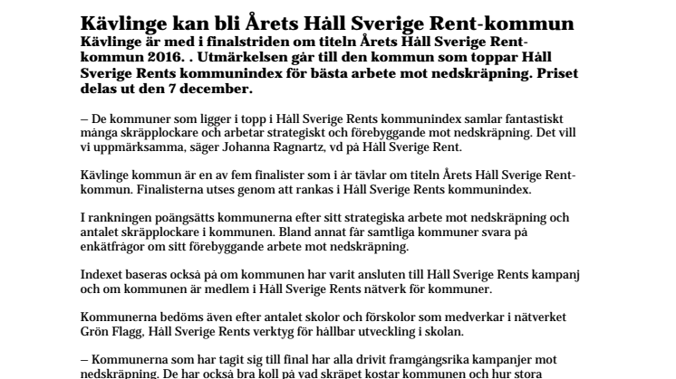 Kävlinge kan bli Årets Håll Sverige Rent-kommun