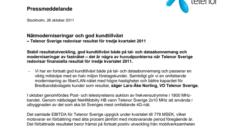 Nätmoderniseringar och god kundtillväxt - Telenor Sverige redovisar resultat för tredje kvartalet 2011