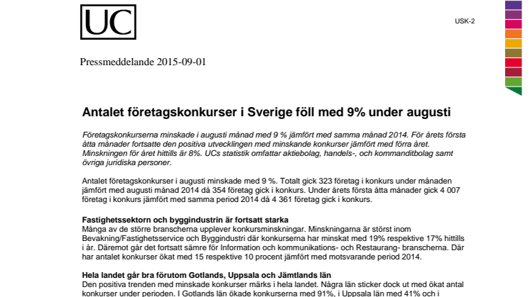 Antalet företagskonkurser i Sverige föll med 9% under augusti