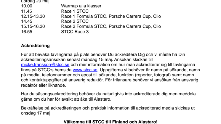 Mediainbjudan till STCC på Alastaro Circuit 19-20 maj