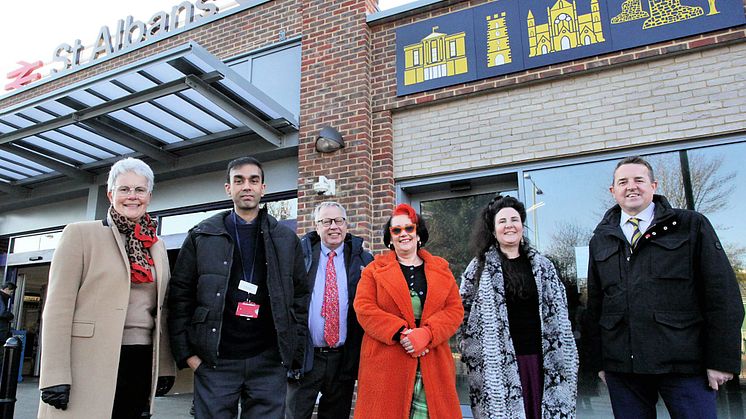 Picture partners: (l to r) Alison Berneye, Visitor Partnership; Harsitt Chandak, Station Manager; Cllr Chris White, Council Leader; Denise Parsons, BID Manager; Cllr Mandy McNeil;  Andrew Chillingsworth, Thameslink Community Relations