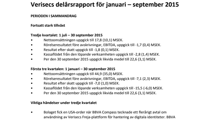 Verisecs delårsrapport för januari – september 2015 