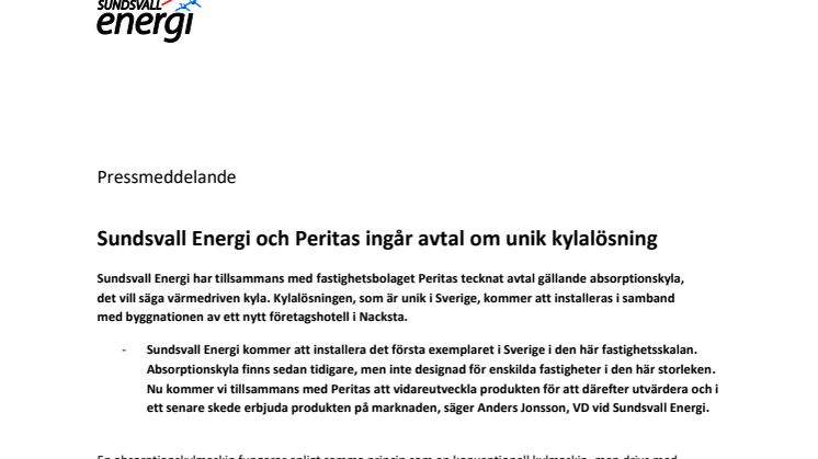 Sundsvall Energi och Peritas ingår avtal om unik kylalösning