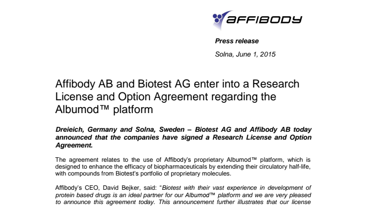 Affibody AB and Biotest AG enter into a Research License and Option Agreement regarding the Albumod™ platform