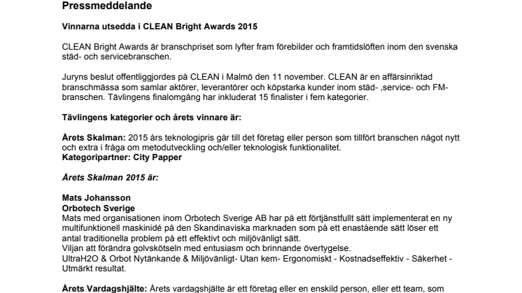 Vinnarna utsedda i CLEAN Bright Awards 2015
