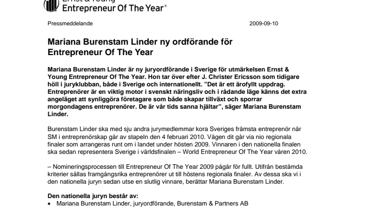 Mariana Burenstam Linder ny ordförande för Entrepreneur Of The Year