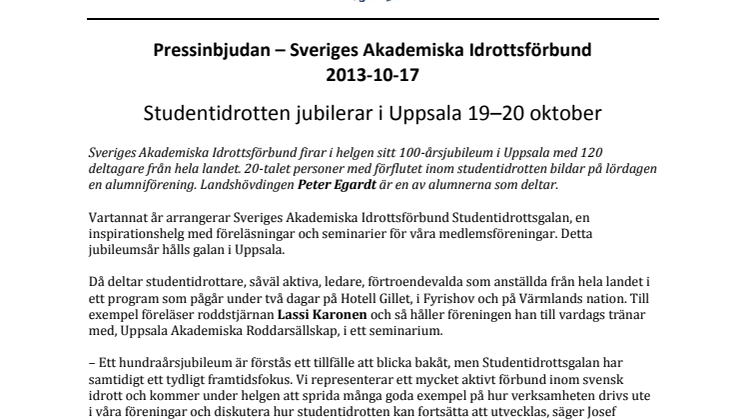 Pressinbjudan: Studentidrotten jubilerar i Uppsala 19–20 oktober