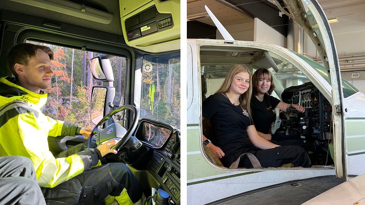 Linus Widén från Alunda är en av TYAs nya ambassadörer, som ska locka fler unga till lastbilsföraryrket. Denise Fernros och Felicia Blom utbildar sig till flygmekaniker på Edströmska gymnasiet i Västerås. Foto: TYA