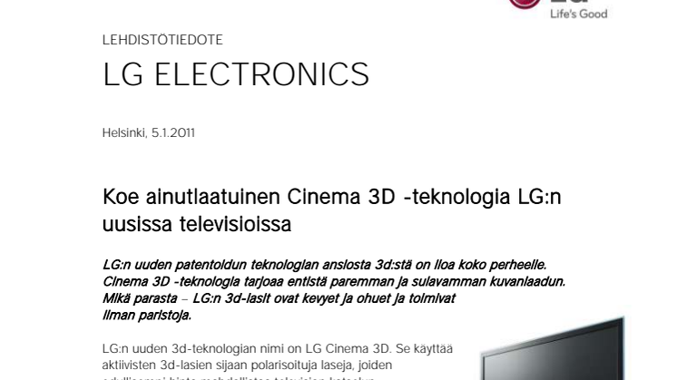 Koe ainutlaatuinen Cinema 3D -teknologia LG:n uusissa televisioissa