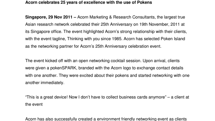 Acorn celebrates 25 years of excellence with the use of Pokens