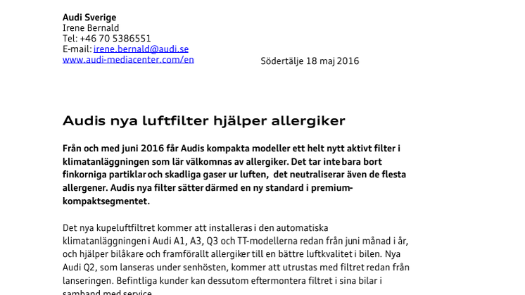 Audis nya luftfilter hjälper allergiker
