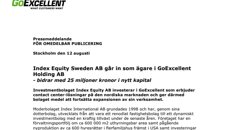 Index Equity Sweden AB går in som ägare i GoExcellent Holding AB