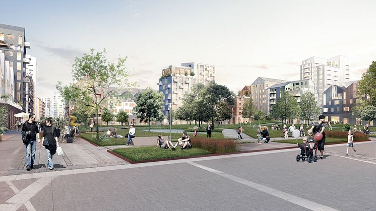 Visionsbild över planerad stadsutveckling på Backaplan. Bild: White Arkitekter