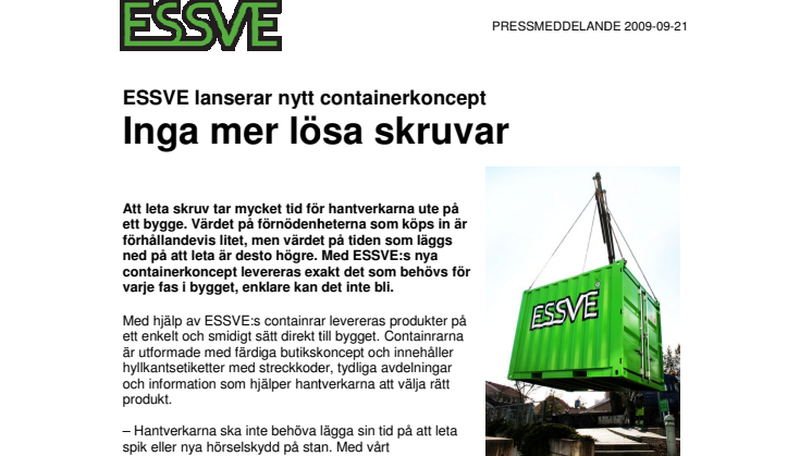 ESSVE lanserar nytt containerkoncept: Inga mer lösa skruvar