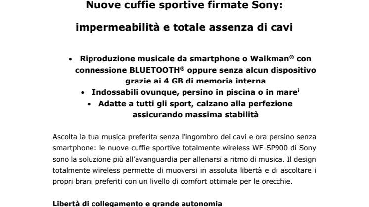 Nuove cuffie sportive firmate Sony: impermeabilità e totale assenza di cavi