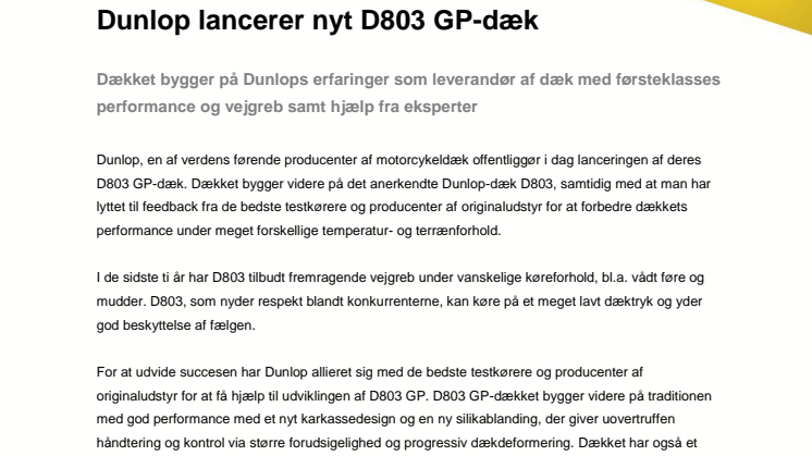 Dunlop lancerer nyt D803 GP-dæk 