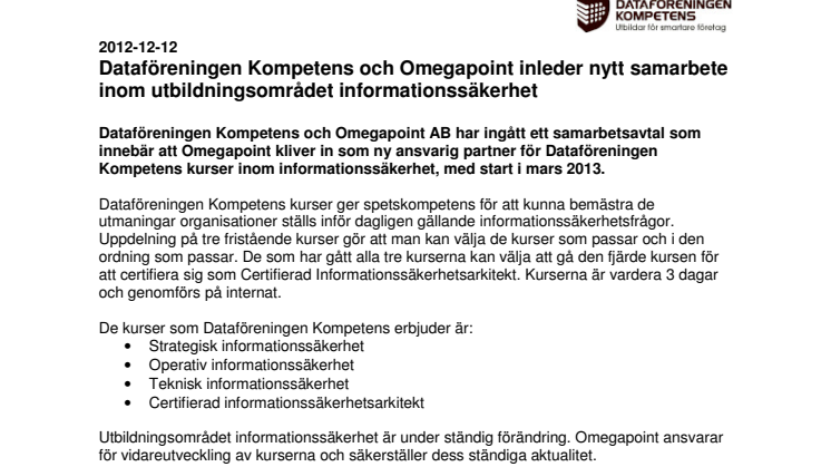 Dataföreningen Kompetens och Omegapoint i samarbete inom utbildningsområdet informationssäkerhet