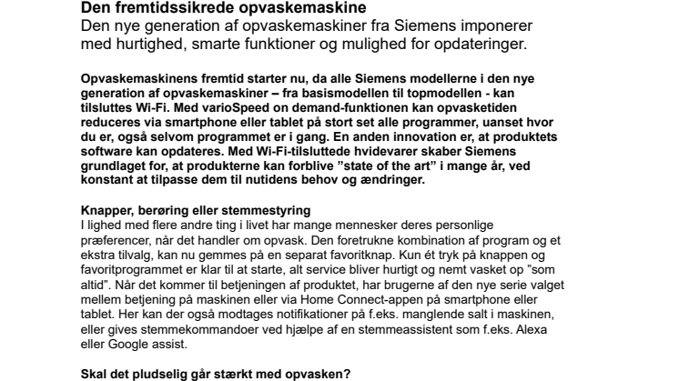 Siemens fremtidssikrede opvaskemaskiner