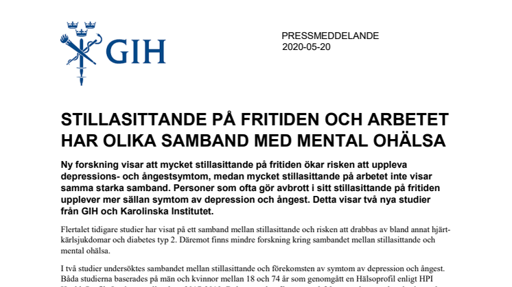 Stillasittande på fritiden och arbetet har olika samband med mental ohälsa