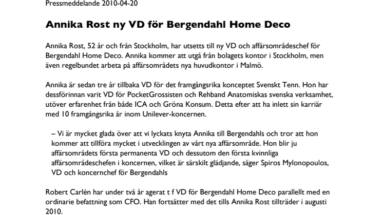 Annika Rost ny VD för Bergendahl Home Deco