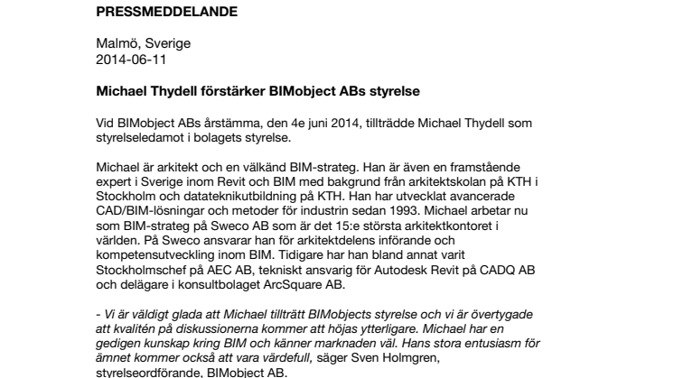 Michael Thydell förstärker BIMobject ABs styrelse 