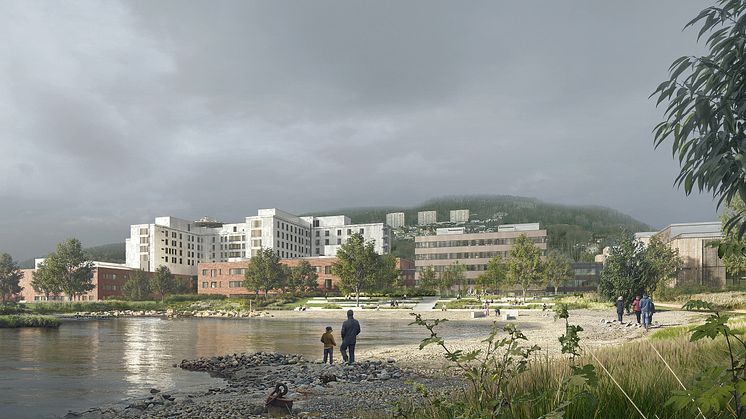 Nytt sykehus Drammen oversiktsbilde. Helse Sør-Øst RHF | Link Arkitektur, Bølgeblikk, Ratio arkitekter/Aesthetica.  