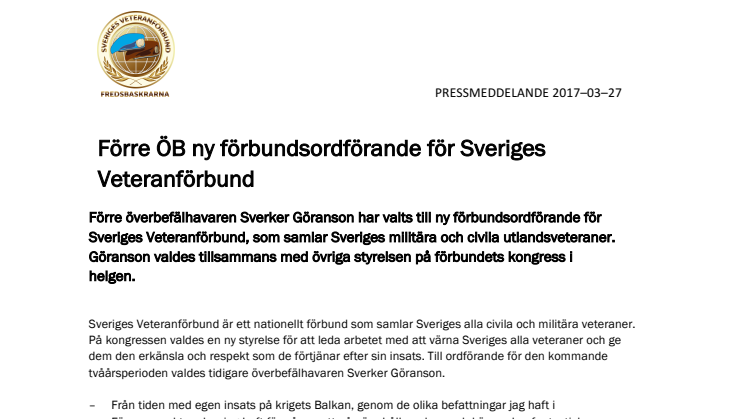 Förre ÖB ny förbundsordförande för Sveriges Veteranförbund