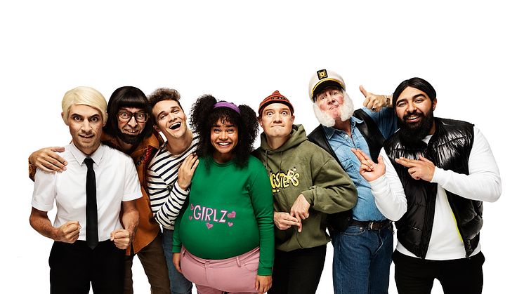 Fra venstre: Adam som Sten, Martin Brygmann som Arne Nougatgren, Ruben Søltoft som Terkel, Lea Thiim Harder som Dorit, Clemens som Jason, Thomas Bo Larsen som Stewart Stardust og Noah som Saki. Fotograf: Miklos Szabo