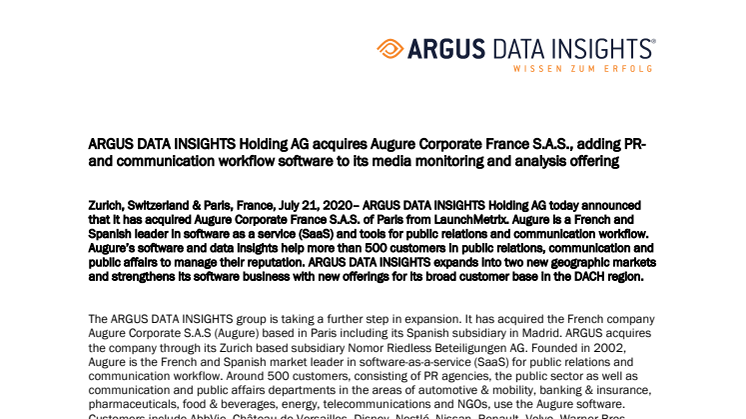 ARGUS DATA INSIGHTS Holding AG acquires Augure Corporate France S.A.S., adding PR- and communication workflow software to its media monitoring and analysis offering 
