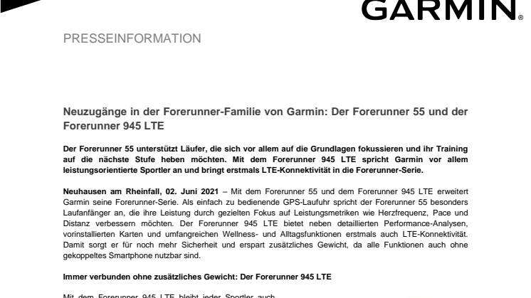 Pressemitteilung Garmin Forerunner 945 LTE und Forerunner 55