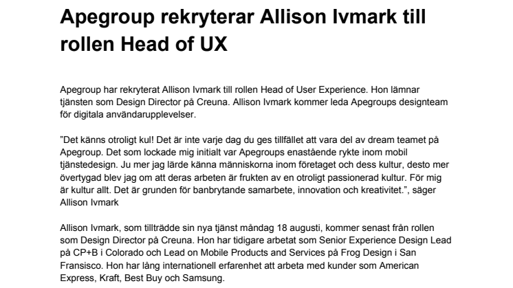Apegroup rekryterar Allison Ivmark till rollen Head of UX