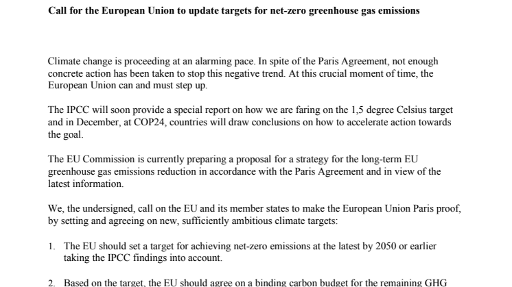 Call for the European Union to update targets for net-zero greenhouse gas emissions