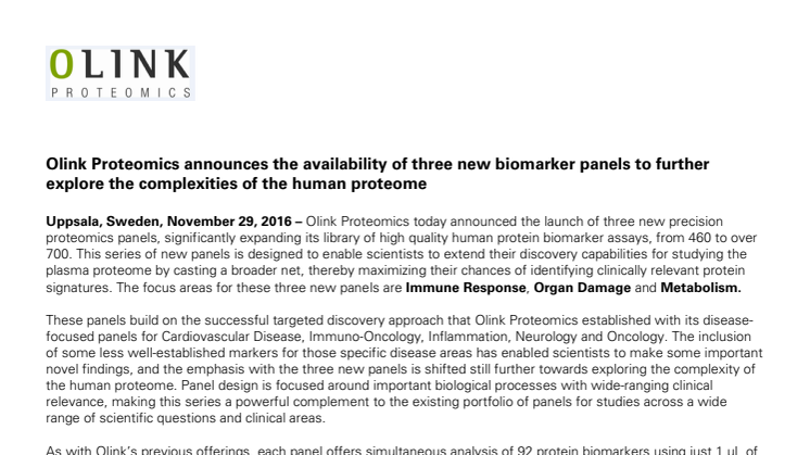 Olink Proteomics announces the availability of three new biomarker panels to further explore the complexities of the human proteome