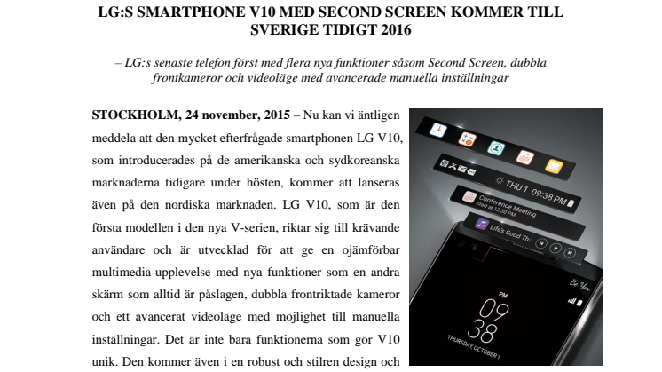LG:S SMARTPHONE V10 MED SECOND SCREEN KOMMER TILL SVERIGE TIDIGT 2016