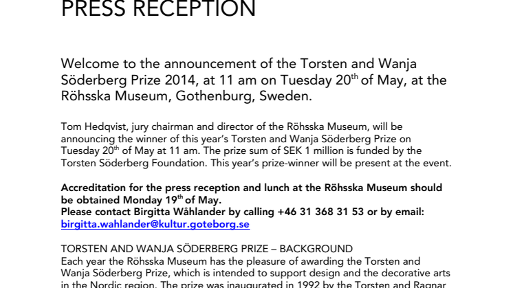Inbjudan Tillkännagivande av Torsten och Wanja Söderbergs pris 2014, den 20 maj kl 11, på Röhsska museet