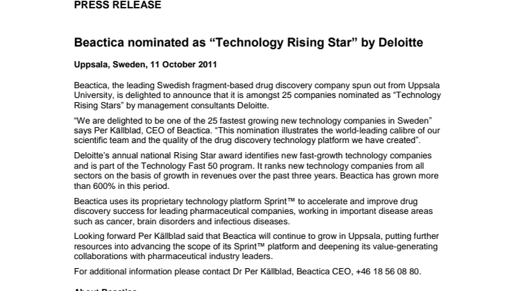 Beactica nominated as “Technology Rising Star” by Deloitte
