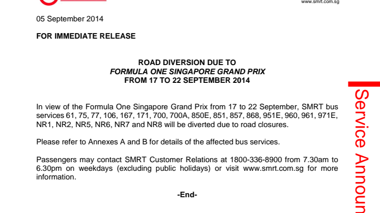 Road Diversion due to Formula One Singapore Grand Prix from 17 to 22 September 2014