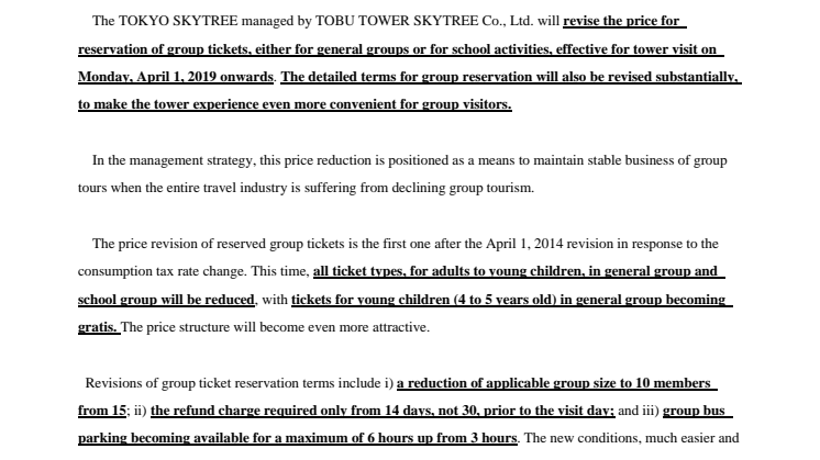 Revision of Price and Use Conditions for Reservation of  Group Ticket for TOKYO SKYTREE® Observation Deck ～Reservation starts on Mon. Oct 1, 2018 for visit on or after Mon., Apr. 1, 2019～