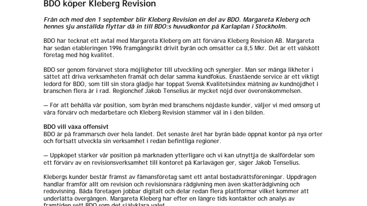 BDO köper Kleberg Revision
