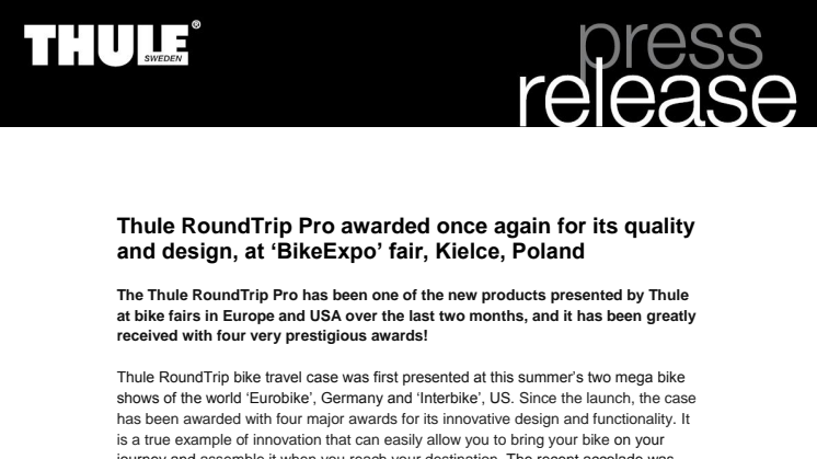 Thule RoundTrip Pro awarded once again for its quality and design, at ‘BikeExpo’ fair, Kielce, Poland