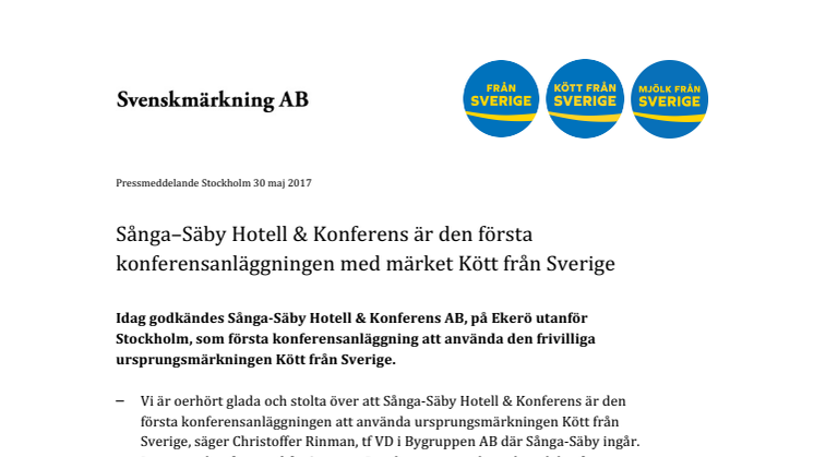 Sånga–Säby Hotell & Konferens – första konferensanläggningen med märket Kött från Sverige