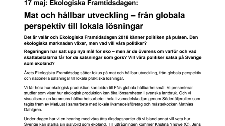 Ekologiska Framtidsdagen 17 maj:  Mat och hållbar utveckling – från globala perspektiv till lokala lösningar 