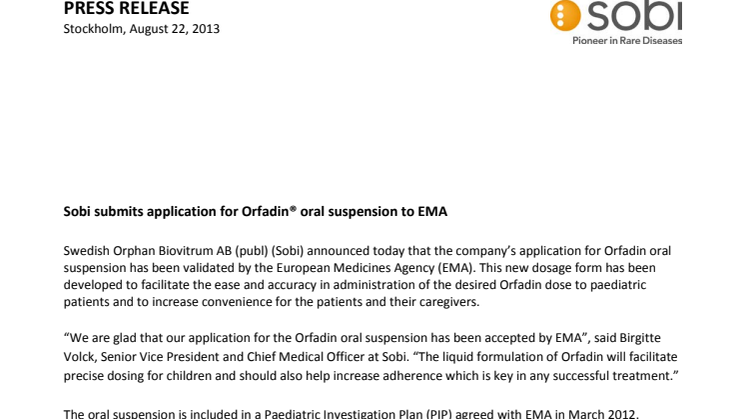 Sobi submits application for Orfadin® oral suspension to EMA