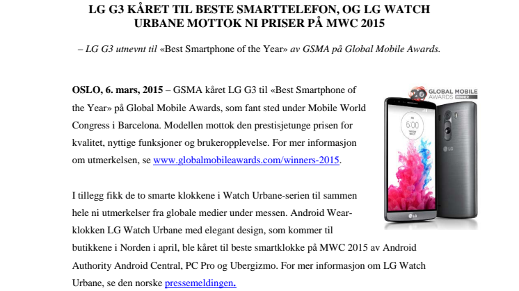 LG G3 KÅRET TIL BESTE SMARTTELEFON, OG LG WATCH URBANE MOTTOK NI PRISER PÅ MWC 2015