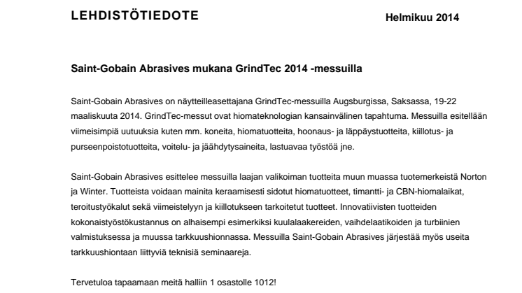 Saint-Gobain Abrasives mukana GrindTec 2014 -messuilla
