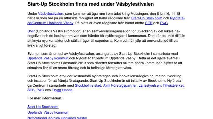 Start-Up Stockholm finns med under Väsbyfestivalen den 8 juni