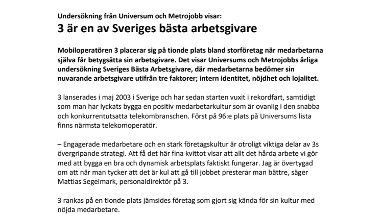 Undersökning från Universum och Metrojobb visar: 3 är en av Sveriges bästa arbetsgivare
